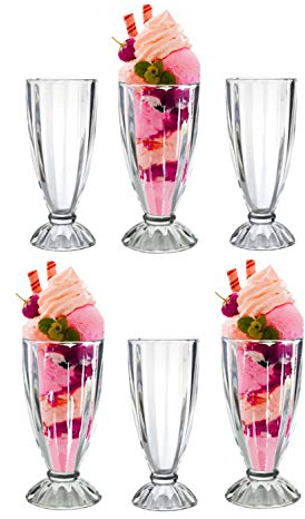 6 x Milkshake Soda Glasses 340ml Knickerbocker Glory Ice Cream Sundae Dessert Glasses American Diner Style Soda Fountain Long Tall Smoothie Fruit Glasses