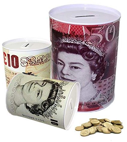 Kav Pack Of 5 Money Tin Box - UK Pound Money Saving Box - Sterling Cash Tin Money Jar - Metal Coin Piggy Bank - Money Safe Savings Boxes For Kids And Adults 15CM