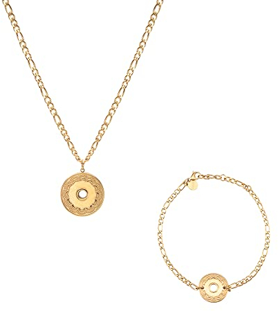 LUUK LIFESTYLE Schmuckset aus Edelstahl, Halskette und Armband, stillvolle Schmuckbox, Geschenk Set, Vintage Münze und Blumenmotiv, modernes Design, Modeaccessoire für Sie, Gold