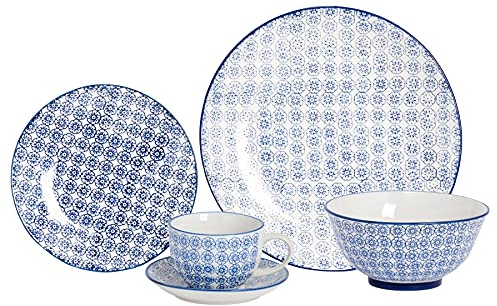 Nicola Spring Hand Printed 24 Piece Dinner Set - Navy - Porcelain Japanese Style Dinner Plates, Bowls, Side Plates, Tea Coffee Mugs and Saucers for Kitchens, Cafes & Restaurants