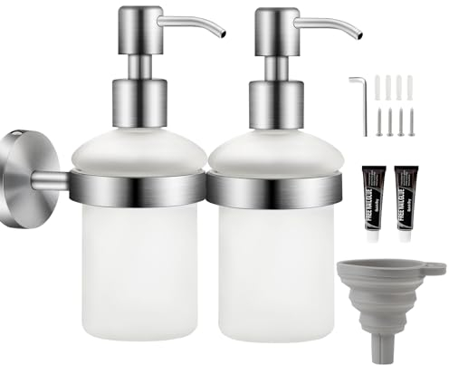 EXLECO 2 Stücke Seifenspender Wandmontage Seifenspender-Set Bohren & Selbstklebend aus Edelstahl 304 200ml Verchromt Satinierte Glasflasche Händedesinfektionsbox ohne Bohren für Shampoo Duschgel