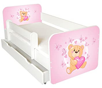 AS-TOR Kinderbett Jugendbett Igor 80x160cm mit Matratze, Schublade und Abnehmbarem Geländer - Bett Schlafzimmer Kindermöbel Kinderbetten für Mädchen und Junge, Hochwertige Möbelplatte - Rosa Teddybär