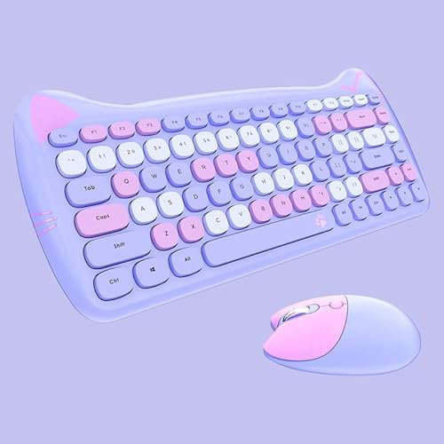 Cute Cat - Set tastiera e mouse wireless 2,4 G, compatibile con notebook, PC, laptop, tablet, computer Windows (multicolore viola)