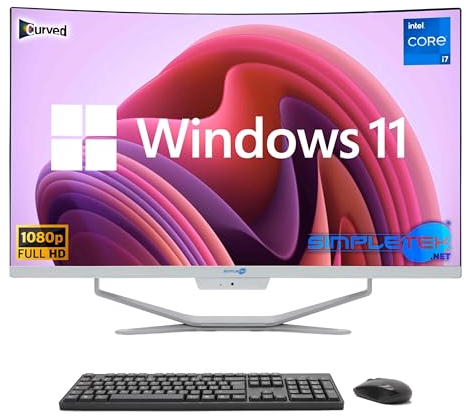 Simpletek All in One AiO 27 FHD Incurvé Windows 11 Pro Core i7 jusqu'à 3,6 GHz 16 Go RAM SSD 2 to Souris Clavier sans Fil Inclus Webcam intégrée PC Gaming Curved Streaming Maison
