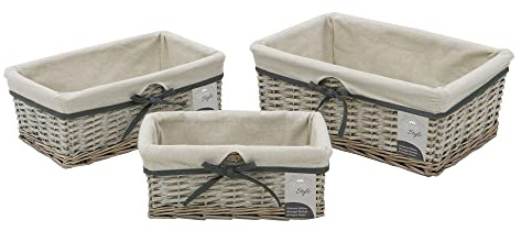 JVL Arianna Rectangular Willow Storage Basket, Set of 3, Grey Wash