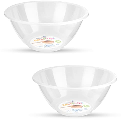 Homeshopa Plastic Mixing Bowl, 2 Pack 5 Litre Reusable Kitchen Cooking Serving Bowl, Non Slip Base, Compact & Stackable, Popcorn Salad Bowl for Food Prep Baking, Dishwasher Safe, 28cm Clear