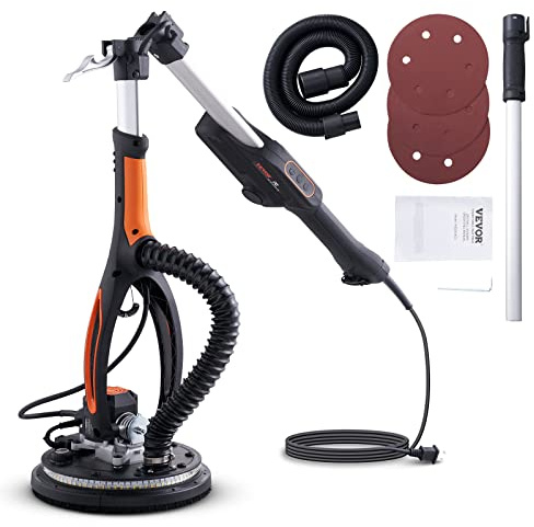 VEVOR Levigatrice per cartongesso, levigatrice elettrica a motore brushless da 800 W, velocità variabile da 1000 a 2300 rpm, levigatrice a soffitto pieghevole con luci a LED a doppia copertura, manico