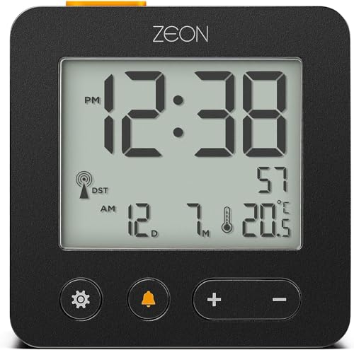ZEON Digitaler Funkwecker für mitteleuropäische Zeitzone (DCF/GMT+1) mit positiver LCD-Anzeige, Hintergrundbeleuchtung & Temperatur-, Tages- und Datumsanzeige in der Farbe schwarz, CE4557