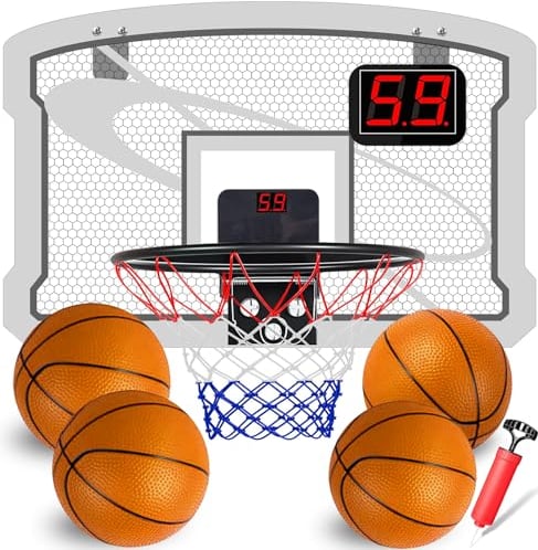 TEUVO Mini Basketballkorb Indoor Kinder mit 4 Ball, Tür Basketballkorb für Zimmer & Büro Elektronische Anzeigetafel Basketball Korb Outdoor Wandmontage Ballnetz Office Home Spielzeug Geschenke Spiele