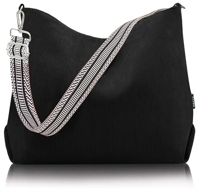 Prite Shopper Tasche Damen Groß Cord Tasche Tote Bag mit Verstellbarem Schultergurt für College Schule Arbeit Reisen Einkaufen(Schwarz)
