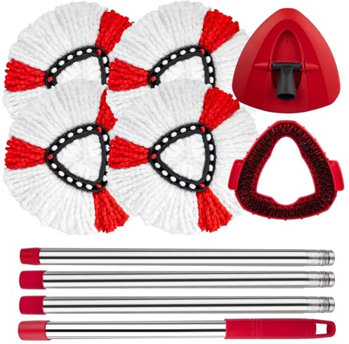 Spin Mop Head Replacement, Base, Mop Handle, Scrub Brush Compatible with Velida O Ceda EasyWring 1-Tank System, 4 Mop Heads, 1 Handle, 1 Mop Base and 1 scrubber mop head Combo Set