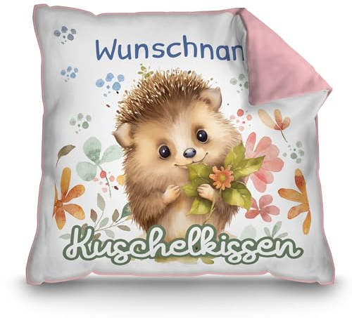 PR Print Royal Personalisiertes Kuschel-Kissen für Kinder mit Füllung - mit Name selbst gestalten - Igel Kissen für Mädchen und Jungs, Kinderkissen mit Name | 40 x 40 cm, Rückseite Rosa