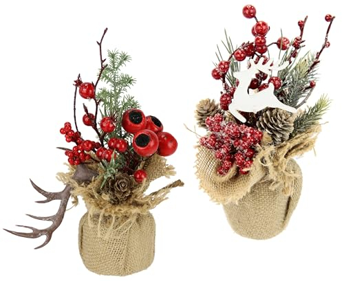 Gesteck mit Tanne Beeren und Elch Geweih im Jute-Topf Kunstblume Künstliche Weihnachtsblume Winterblume Blume Pflanze Zweige Arrangement Weihnachtsdeko Tischdeko Tannengesteck Blumenschmuck 2er Set