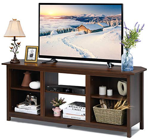 COSTWAY TV Stand for TVs up to 65 Inches, Wooden TV Cabinet Media Entertainment Center with 6 Open Storage Shelves, Living Room Bedroom TV Unit Console Table for 18 Electric Fireplace (Brown)