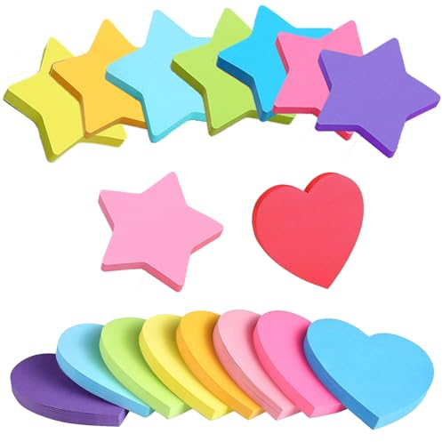 BDSHUNBF 16 Packung Farbige Haftnotizen, 480 Blatt Herz Fünfzackiger Stern Notizzettel, Selbstklebende Klebezettel, Super Sticky Notes für Büro Zuhause Schule Sitzung, 8 Farben 7 x 7 mm