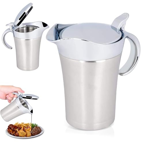 WANDGU Edelstahl Thermo Sauciere: 750ml Doppelt Isoliert Saucenkanne, 304 Edelstahl Soßenkanne Saucenbecher Soßenschüssel mit Deckel, Eleganter Saucenkrug für Vanillesoße, Sahne, Soße