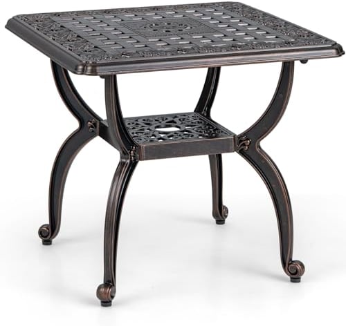 COSTWAY Garden Side Table, Cast Aluminum Outdoor Coffee Table with Storage Shelf, All-Weather Square Small Patio Bistro Table End Snack Table for Balcony, Yard and Poolside, Antique Bronze, 53x53x48cm