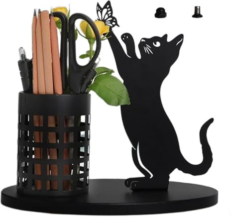 Smileshiney Porte-crayon chat, porte-stylo mignon,Porte-crayons Chat Noir | Décoration de la maison, gobelets pour stylos et pinceaux de maquillage, organisateur de bureau en métal pour centres