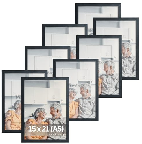 VictoR Bilderrahmen Dali 8er Set 15x21 cm (A5) schwarz - Fotorahmen Holz A5 - Bilderrahmen Set schwarz 15x21 - moderner Holzrahmen mit bruchsicherem Acrylglas
