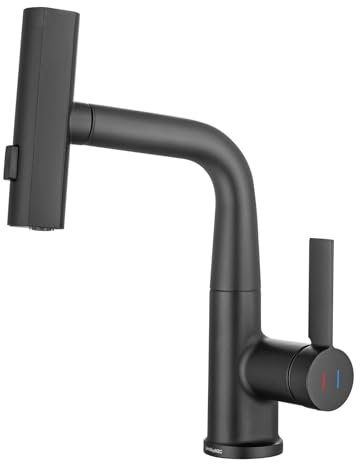 LakeBayMZC Robinet de salle de bain avec douchette extensible,Robinet de lavabo pour vasque à poser avec 3 types de jets d'eau douchette extensible,Mitigeur salle de bain hauteur réglable,Noir mat