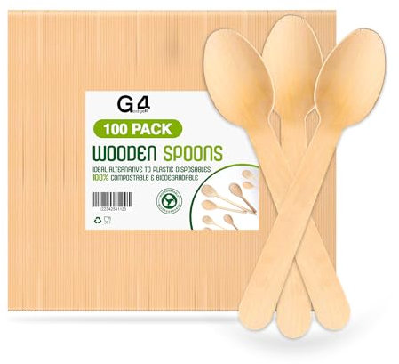 G4GADGET 100x Wooden Spoons - Disposable Biodegradable Birch Wood Utensils for Parties, Picnics, Weddings, BBQs, and Events