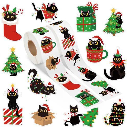 A1DIEE Weihnachten Katze Aufkleber Rolle - 1000 Stück Selbstklebende Roller Sticker Belohnungsaufkleber DIY Vinyl Siegelaufkleber für Scrapbooking Laptop Party Tasche