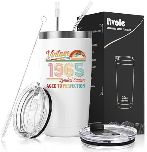 Livole 60 ans pour femme, homme, femme, cadeau d'anniversaire 60 ans, tasse isotherme vintage 1965, cadeau de 1965 pour maman, grand-mère pour 60 ans, cadeau d'anniversaire 60 ans, tasse à café à