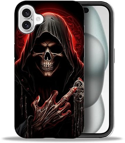 yicomon Kompatibel mit iPhone 16 Hülle, cooles rotes Totenkopf-Muster, matt, langlebig, modisch, lustig, Flüssigsilikon, weich, kratzfest, stoßfest, Schutzhülle
