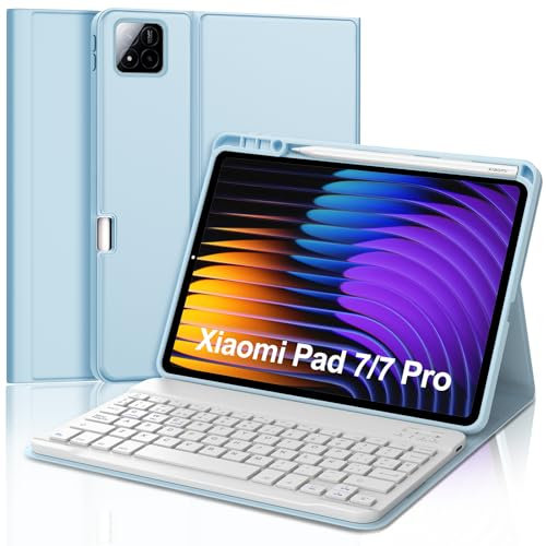 Funda con Teclado para Xiaomi Pad 7/7 Pro 11.2, Teclado Bluetooth Inalámbrico Desmontable Magnético con Funda Protectora Delgada para Tablet Xiaomi Pad 7/7 Pro 2025 11.2 Pulgadas, Azul Claro