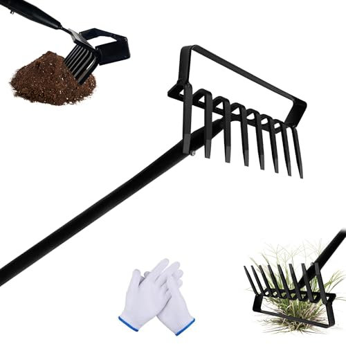 8-Tines Rake and Stirrup Hoe, Metal Garden Hula Hoes Tiller Rake Tool with Adjustable Long Handle, Action Scuffle Loop Hoe for Weeding, Digging, Loosening Soil, Yard Weed Puller Hoe Rake for Leaves