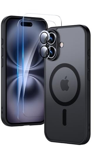 Yohii Cover Magnetica per iPhone 16 con 2 Vetro Temperato e 1 Pellicola Protezione Fotocamera, Compatibile con Mag-Safe, Traslucido Opaco Retro Antiurto Custodia, Nero