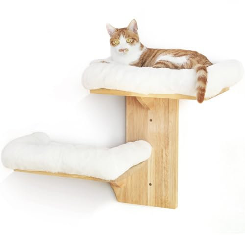 FUKUMARU Étagères Murales pour Chat, 2 Plateformes, Meuble Mural Flottant en Forme d'arbre avec Lit Doux, Perchoir en Bois d'Hévéa Massif pour Cloison Sèche de 40,6 cm