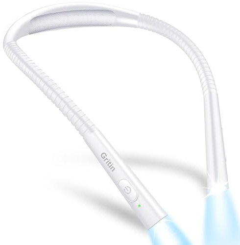 Gritin Leselampe Hals, Buchlampe Bett mit 4 Farben & 5 Helligkeit - Stufenlos Dimmbar, Augenschutz, Aufladbar 80h Dauer, Einstellarm, Ergonomisch Leselicht für Lesen im Bett, Weiß