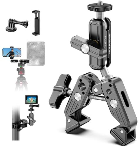 CAMBOFOTO Super Clamp with 360° Double Ball Head Magic Arm, Crab Shaped Clamp, 1/4 Inch and 3/8 Inch Thread, Compatible with Table Tripod