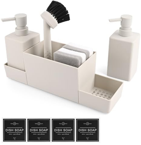 Distributeur Liquide Vaisselle, Distributeur De Savon De Cuisine,Organisateur Evier,Distributeur Gel Douche,avec Set d'Éponges,Flacon Distributeur,Brosse pour Évier,Cuisine Et Salle De Bain (Beige)
