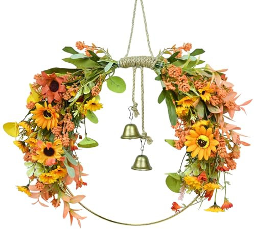 35cm Sonnenblumen Herbstkranz für Haustür, Künstliche Herbstdeko Türkranz mit Sonnenblumen und Weizenähren,Wandkranz,Geschenk für Fall Decor Thanksgiving Halloween Kranz,für Wände Fenster Decor