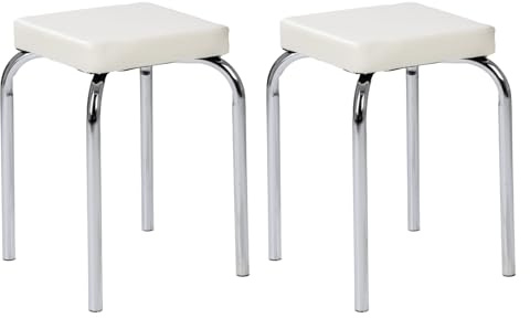 Home4You Sitzhocker - 2er Set - Stapelbar - Belastbar bis 90 kg - 36x47x36 cm - Weiß - Chromfarben - Metall - Kunstleder - Metallhocker Stapelhocker Küchenhocker
