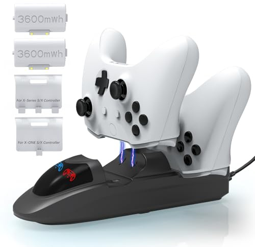 iPLYGAM Controller Charging Station with 2 x 3600mWh Rechargeable Batteries for Xbox One/Xbox Series/Xbox Elite/Xbox X Controller, Charging Station for Xbox Controllers with 4 White Covers