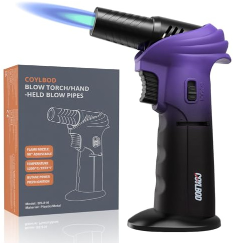 CoYlBod Butane Torch Lighter 0-90°Rotating Safety Lock for Soldering | Refillable, adjustable flame. Easy single-hand operation for cooking and various heating applications (Purple and Black)