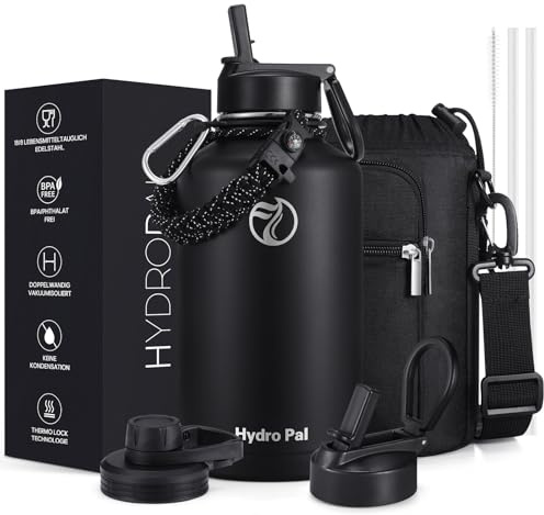 HydroPal 1.9L Edelstahl Isolierflasche,Trinkflasche mit Strohhalm 2 Deckel | BPA-frei, 24h kalt & 12h heiß Vakuumflasche, auslaufsicher Wasserflasche, Stroh- und Ausgussdeckel Sportflasche für Alltag