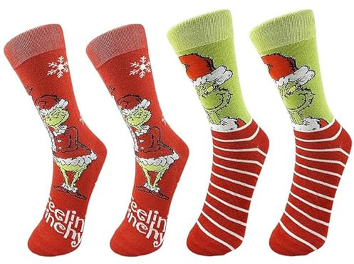 2 PCS Grinch Socks, Holiday Accessories for Grinch Fans, Christmas Socks for Festive Fun, Fun Socks Perfect for Gifting and Seasonal Wear, Thoughtful Gift for Friends