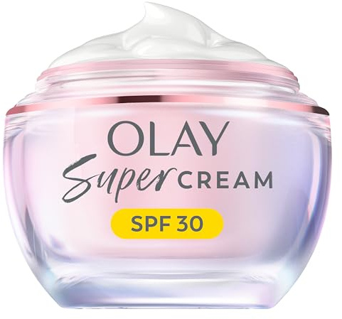 OLAY Super Cream Face Moisturiser for Glass Skin SPF30 50ml | UV protection, Olay Super Serum, 5 skin benefits in 1. Ultra lightweight hydration, protects against sun damage, instant glow