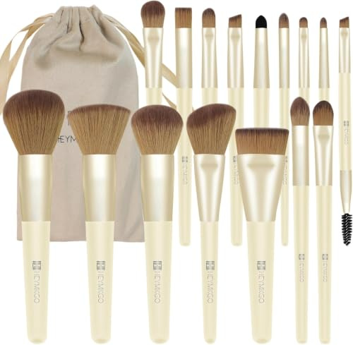HEYMKGO 16pcs Makeup Brushes with Travel Pouch,Professional Wooden Handle Foundation Brush, Concealer Brush & Complete Makeup Brush Set for Flawless Makeup.