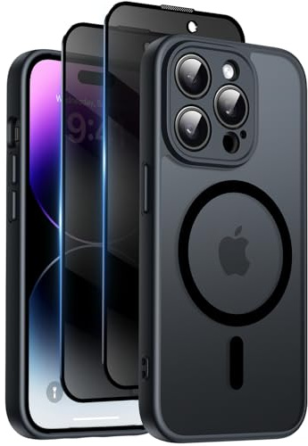 Qasyfanc for iPhone 14 Pro Max Case, Privacy Screen Protectors X2, Black | Compatible with MagSafe, Camera Protection, 15FT Military Drop Protection, Translucent Matte Shockproof Phone Cover
