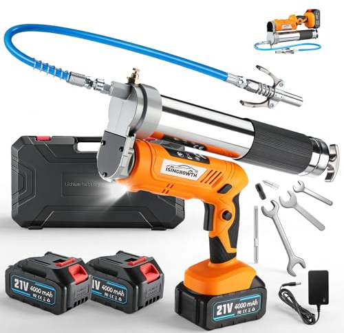 ISINGROWTH Cordless Electric Grease Gun 12000 PSI, 2-in-1 Dual Grip Grease Gun Kit with 2×4000mAh Batteries & LED Light for Tractor, Truck, Construction, Farm, Mechanic, Trucker Maintenance