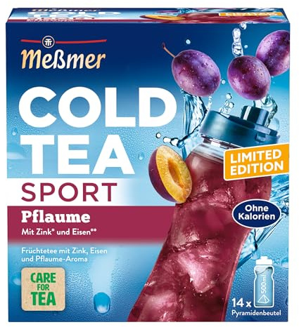 Meßmer Cold Tea Sport Pflaume – Kaltaufguss mit 14 Pyramidenbeuteln | Erfrischend kalter Früchtetee mit Zink, Eisen & Pflaumen-Aroma, ohne Zuckerzusatz, für Sport & unterwegs – 1 Beutel/500 ml