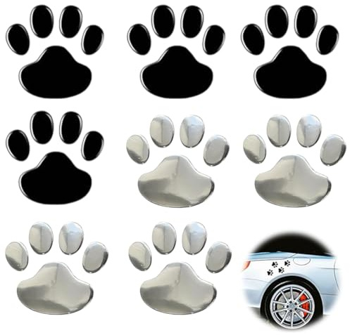 VAEIORP 8 Pcs 3D Cromato Impronta Zampa Cane Adesivi Auto Esterni Emblema Decorativo per Auto, Moto e Scooter (Argento, Nero)