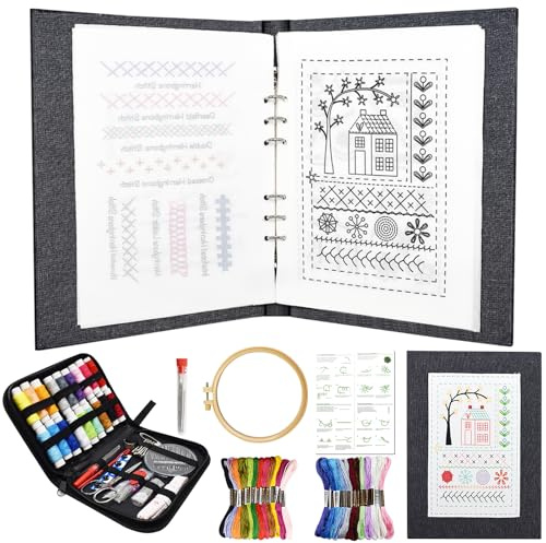Yiomxhi Stickbuch Embroidery Stitch Book, Stickerei Starter Kit mit Farbfäden Nähnadel Stickrahme Anleitungen, Tragbar Sticken Buch für Erwachsene Anfänger Hobby Basteln Familie
