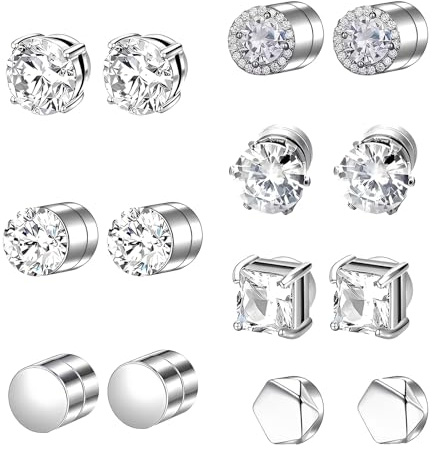 JYXNU 7 Paare Magnet Ohrringe Herren, Fake Piercing Magnetischer Ohrstecker, Magnetohrringe, Intarsien Nicht Durchbohrend, Kein Piercing Magnetische Ohrringe für Herren Damen Silber, Rund/Quadratisch