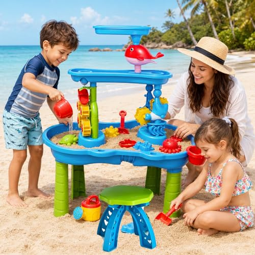 VeftBltrem Water Table for Children, 3-Tier Sand and Water Table, Water Play Table with Chair, Rain Showers Splash Pond Sensory Activity Playset, for Boys Girls Ages 3-12 for Backyard Beach Grass